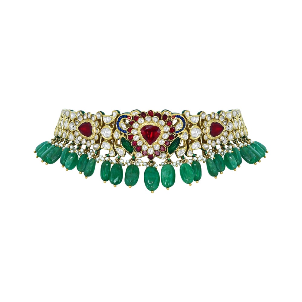 Polki Choker with Emerald Drops and Red Stone Motif